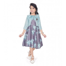 Generic Girl's Satin Printed Sleeve Less Round Neck Dress (Sea Green)