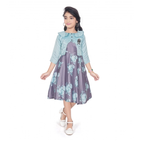 Generic Girl's Satin Printed Sleeve Less Round Neck Dress (Sea Green)