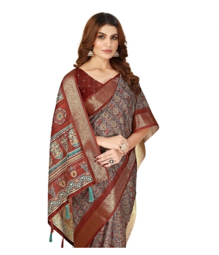 Generic Women's Cotton Blend Printed Saree With Unstitched Blouse 5.5Mtr (Multicolor)