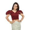 Generic Women's Jimmy Solid V Neck Puff Sleeve Readymade Blouse (Maroon 38 , Alterable up to 42)-PID65840