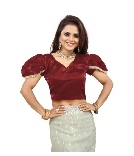Generic Women's Jimmy Solid V Neck Puff Sleeve Readymade Blouse (Maroon 38 , Alterable up to 42)-PID65840