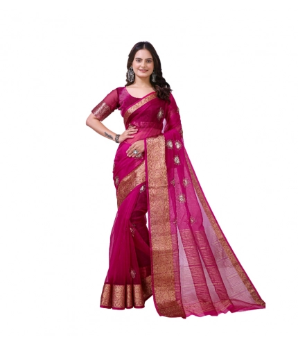 Generic Women's Organza jacquard Embellished Saree With Unstitched Blouse 5.5Mtr (Pink)