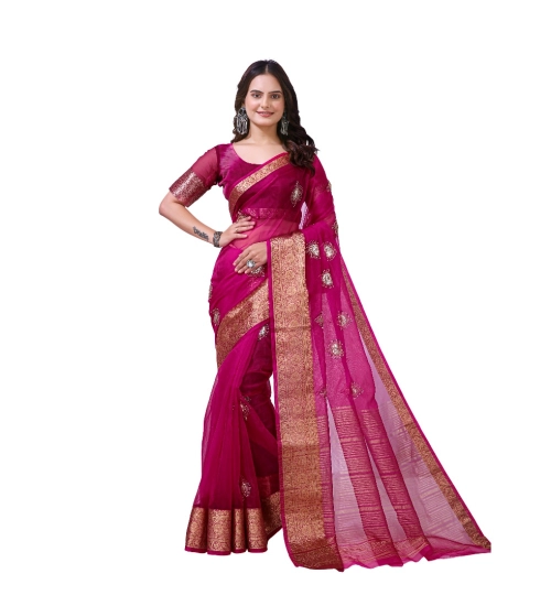 Generic Women's Organza jacquard Embellished Saree With Unstitched Blouse 5.5Mtr (Pink)