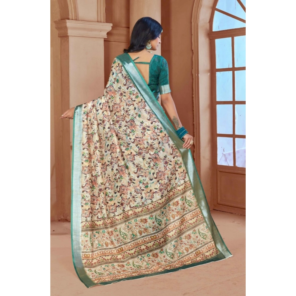 Generic Women's Printed Cotton Linen Saree withPrinted  Saree With Unstitched Blouse (Green, 5-6Mtrs)