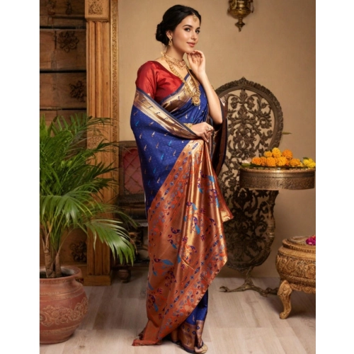 Women's Silk Blend Zari Woven Saree With Unstitched Blouse 5.5Mtr (Navy) Women's Silk Blend Zari Woven Saree With Unstitched Blouse 5.5Mtr (Navy)