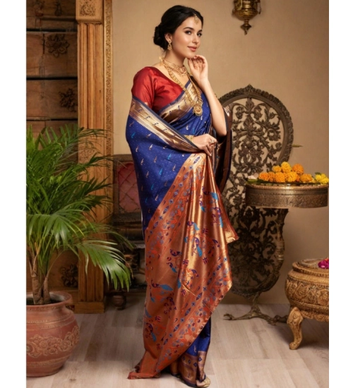 Generic Women's Silk Blend Zari Woven Saree With Unstitched Blouse 5.5Mtr (Navy)