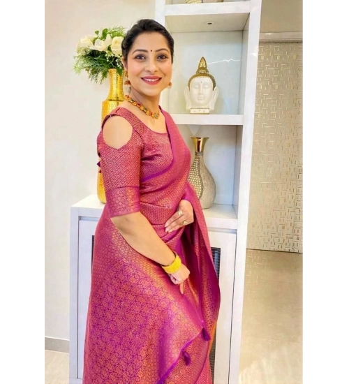 Generic Women's Soft Lichi Silk Printed Saree With Unstitched Blouse 5.5Mtr (Pink)