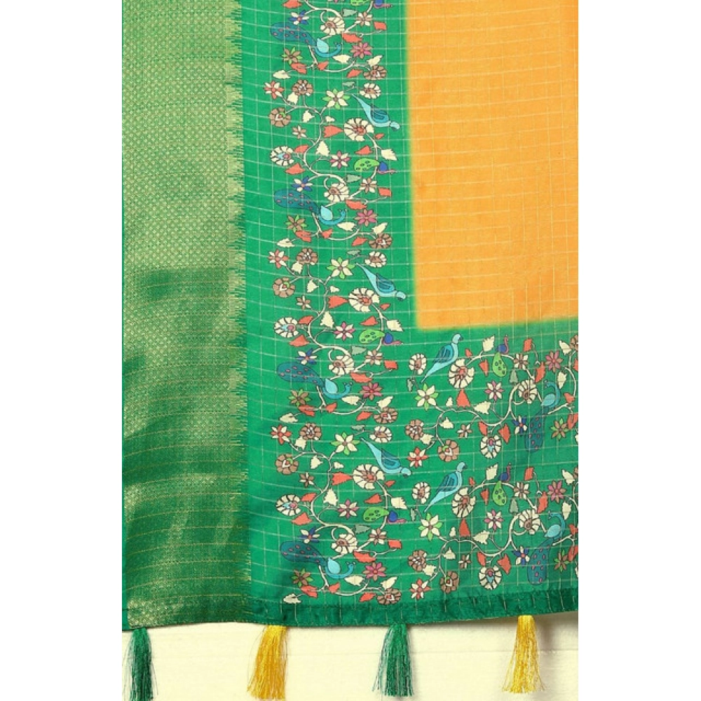 Women's Cotton Silk Printed Saree With Unstitched Blouse 5.5Mtr (Yellow Green)