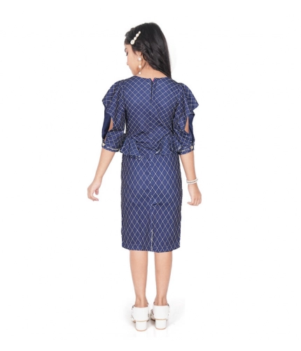 Generic Girl's Knitted Striped Short Sleeve Round Neck Dress (Navy Blue)