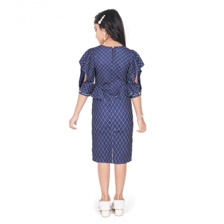 Generic Girl's Knitted Striped Short Sleeve Round Neck Dress (Navy Blue)