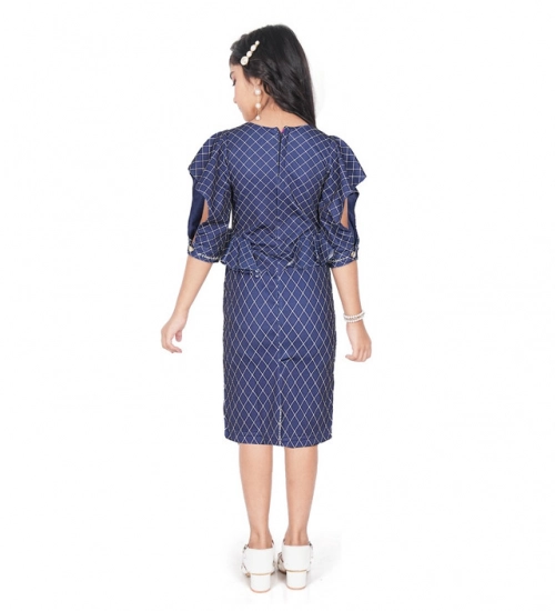 Generic Girl's Knitted Striped Short Sleeve Round Neck Dress (Navy Blue)