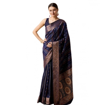 Generic Women's Soft Silk Jacquard Saree With Unstitched Blouse 5.5Mtr (Navy)