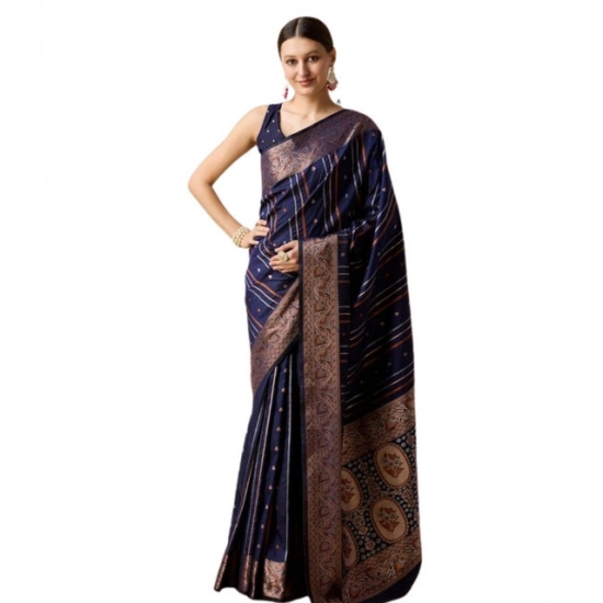 Generic Women's Soft Silk Jacquard Saree With Unstitched Blouse 5.5Mtr (Navy)