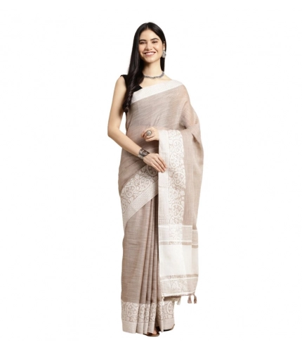 Generic Women's Linen Printed Saree With Unstitched Blouse 5.5Mtr (Beige)