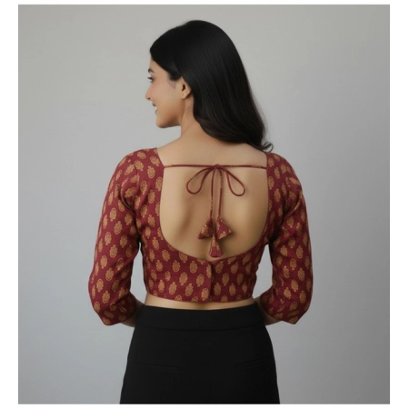Generic Women's Ajrakh Cotton Printed Halter Neck Padded Blouse (Maroon 38 Ready (Self Alterable 36–40)