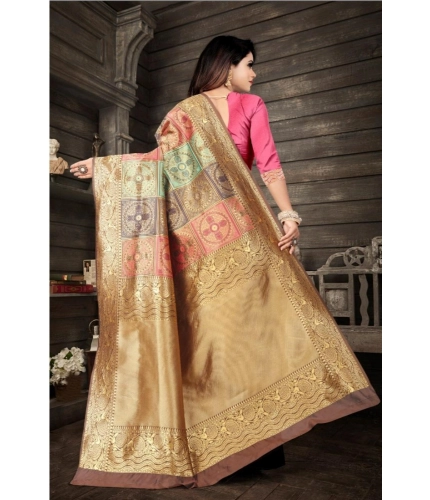 Generic Women's Soft Lichi Silk Printed Saree With Unstitched Blouse 5.5Mtr (Gold)