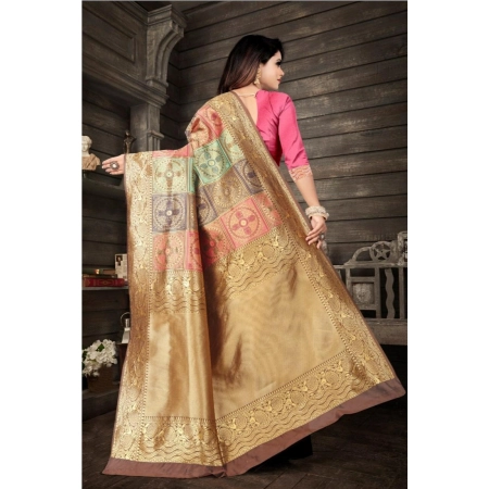 Generic Women's Soft Lichi Silk Printed Saree With Unstitched Blouse 5.5Mtr (Gold)