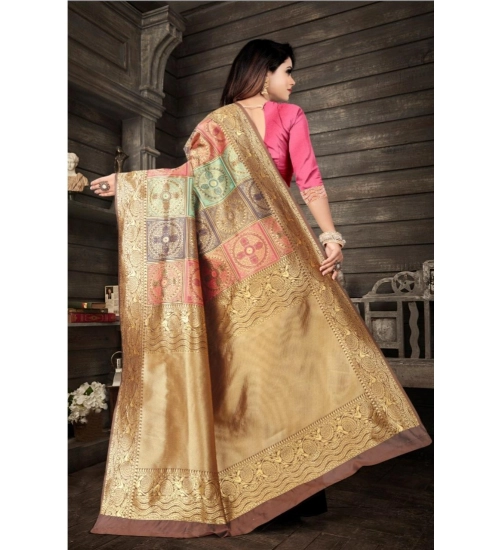 Generic Women's Soft Lichi Silk Printed Saree With Unstitched Blouse 5.5Mtr (Gold)