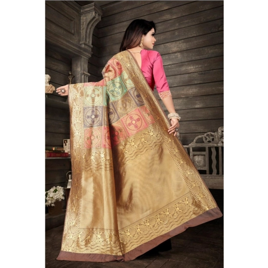 Generic Women's Soft Lichi Silk Printed Saree With Unstitched Blouse 5.5Mtr (Gold)
