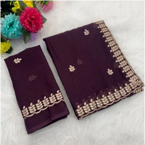 Generic Women's Georgette Embroidered Saree With Unstitched Blouse 5.5Mtr (Wine)