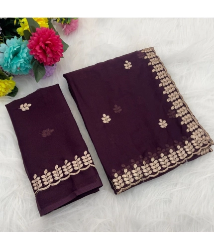 Generic Women's Georgette Embroidered Saree With Unstitched Blouse 5.5Mtr (Wine)