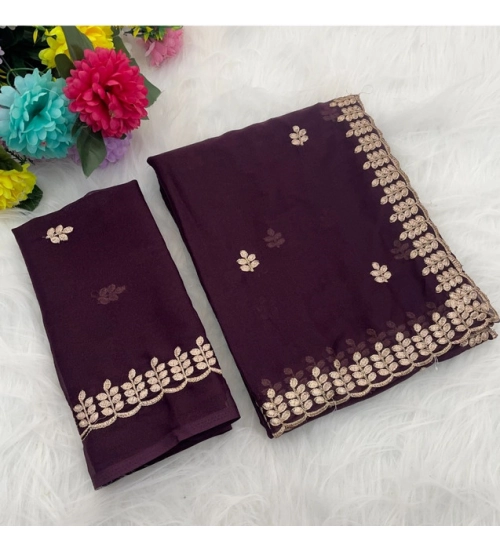 Generic Women's Georgette Embroidered Saree With Unstitched Blouse 5.5Mtr (Wine)