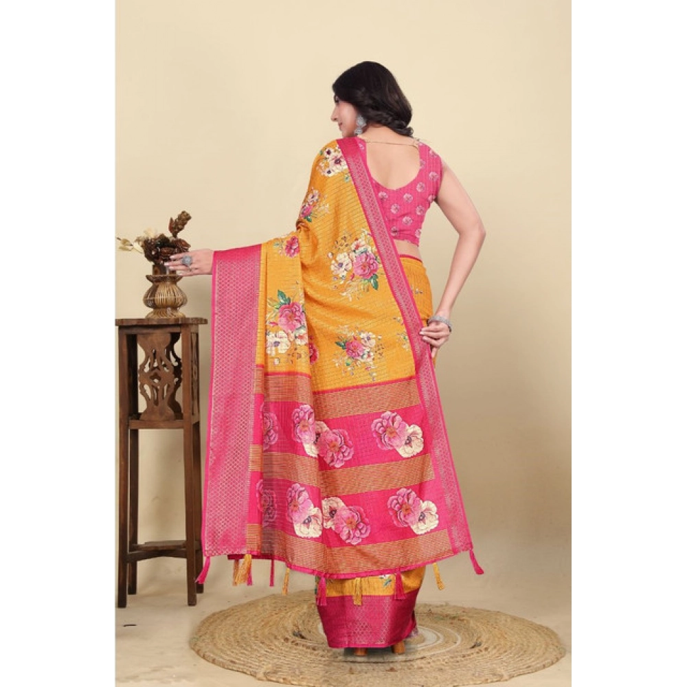 Women's Cotton Blend Floral Printed Saree With Unstitched Blouse 5.5Mtr (Yellow)