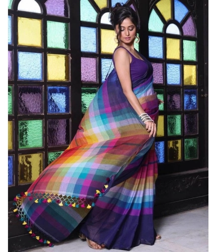 Generic Women's Linen Printed Saree With Unstitched Blouse 5.5Mtr (Navy)