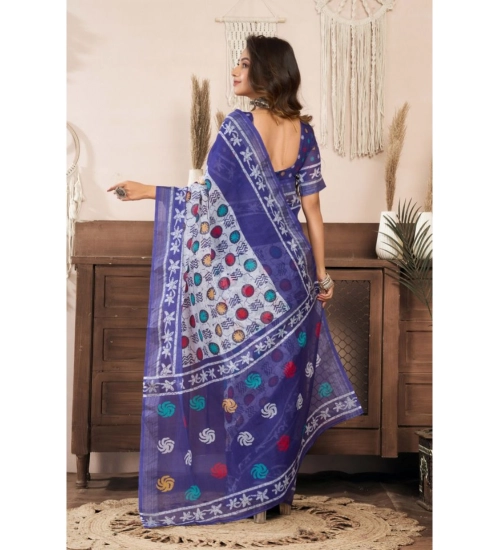 Generic Women's Linen Cotton Printed Ready To Wear Saree With Unstitched Blouse 5.5 Mtr (Blue)