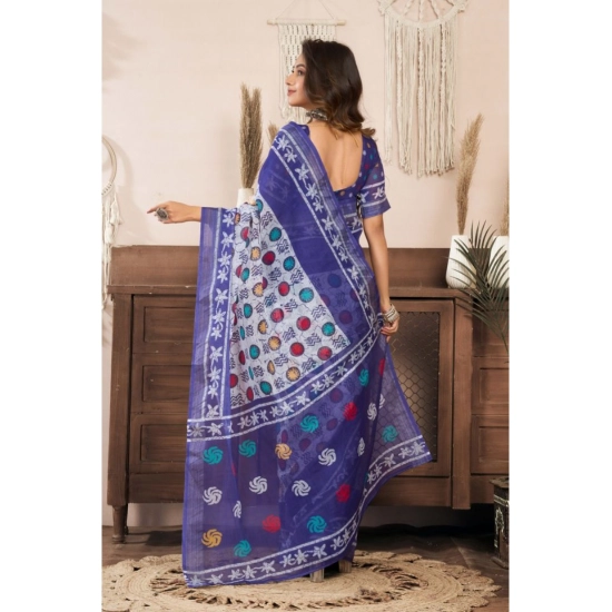 Generic Women's Linen Cotton Printed Ready To Wear Saree With Unstitched Blouse 5.5 Mtr (Blue)