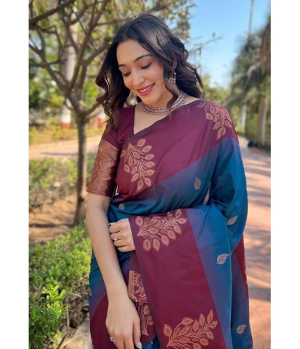 Generic Women's Soft Lichi Silk Printed Saree With Unstitched Blouse 5.5Mtr (Blue)