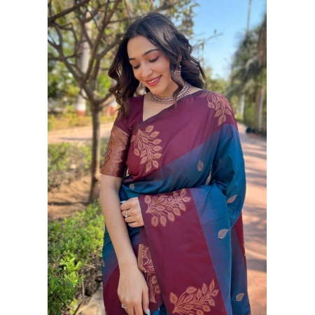 Generic Women's Soft Lichi Silk Printed Saree With Unstitched Blouse 5.5Mtr (Blue)