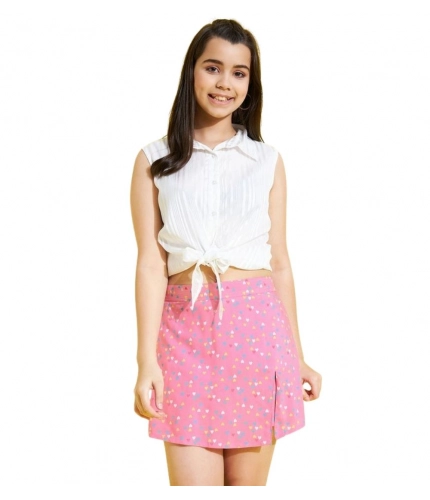 Generic Girl's Polyester Lurex Printed Sleeveless Skorts Set (White-Pink)