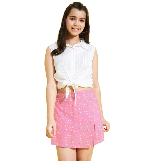 Generic Girl's Polyester Lurex Printed Sleeveless Skorts Set (White-Pink)