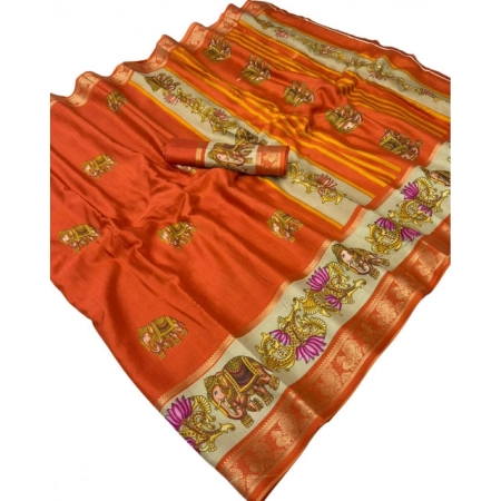 Generic Women's Dola Silk Printed Saree With Unstitched Blouse 5.5Mtr (Orange) Generic Women's Dola Silk Printed Saree With Unstitched Blouse 5.5Mtr (Orange)