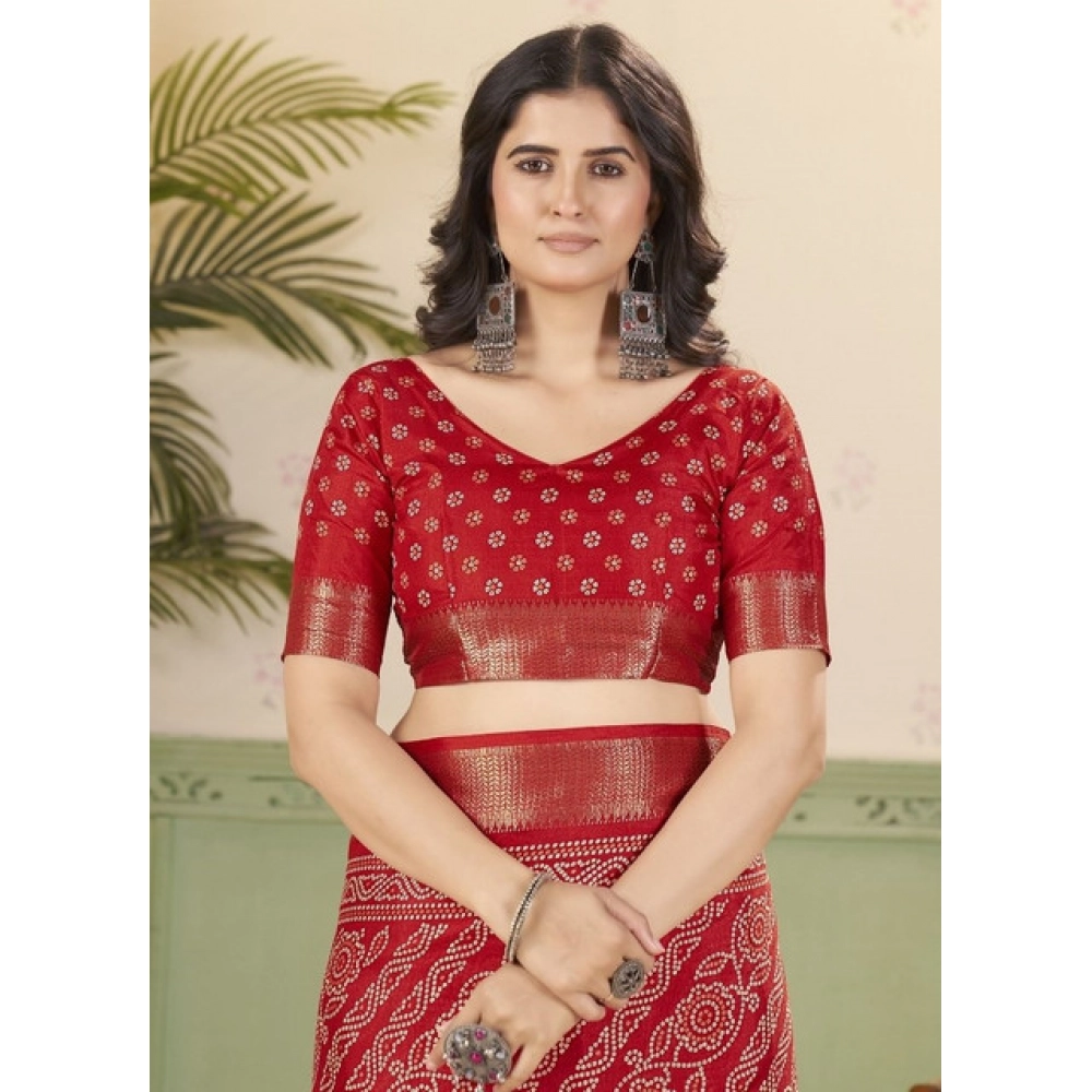 Women’s Cotton Silk Printed Saree With Unstitched Blouse 5.5Mtr (Red)