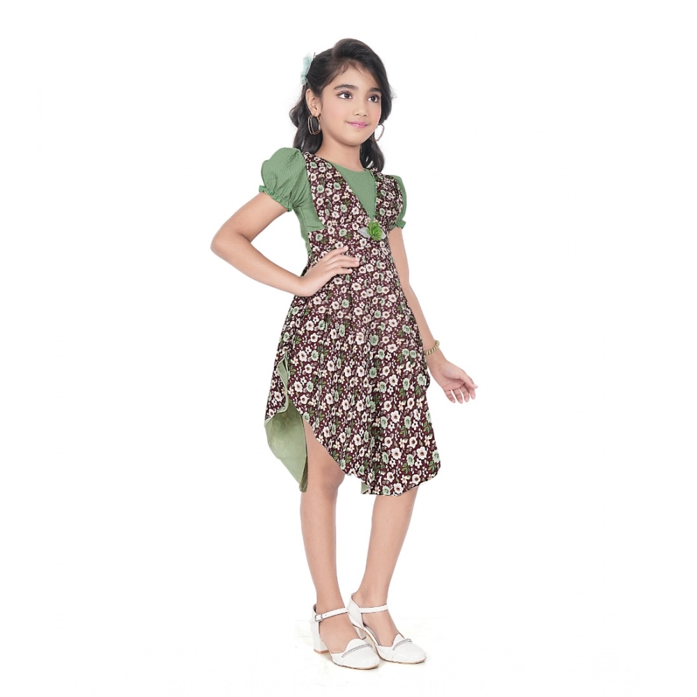 Generic Girl's Twill Printed Short Sleeve Round Neck Dress (Green) Generic Girl's Twill Printed Short Sleeve Round Neck Dress (Green)