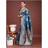 Generic Women's Banarasi Silk Printed Saree With Unstitched Blouse 5.5Mtr (Teal Blue)