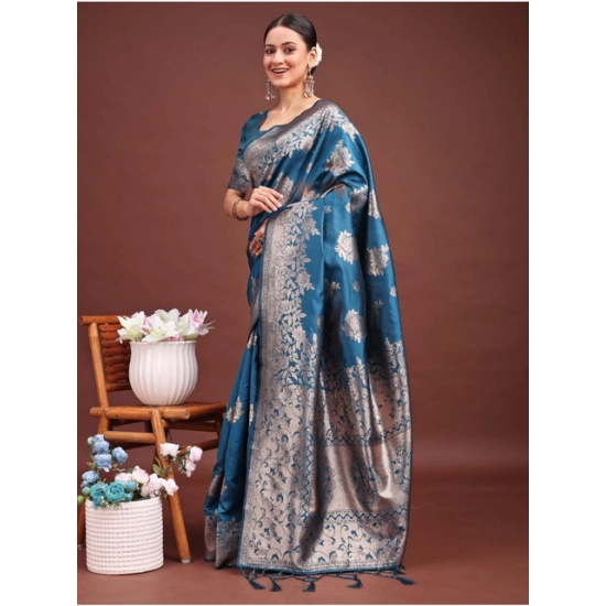 Generic Women's Banarasi Silk Printed Saree With Unstitched Blouse 5.5Mtr (Teal Blue)