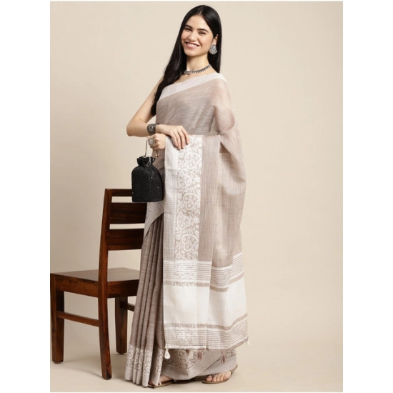 Generic Women's Linen Printed Saree With Unstitched Blouse 5.5Mtr (Beige)
