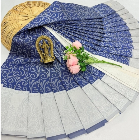 Generic Women's Soft Silk Printed Saree With Unstitched Blouse 5.5Mtr (Blue)