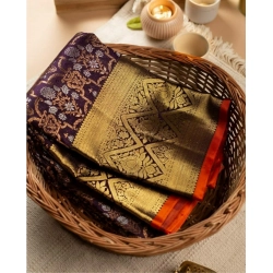 Generic Women's Soft Litchi Silk Jacquard Work Saree With Unstitched Blouse 5.5Mtr (Purple)