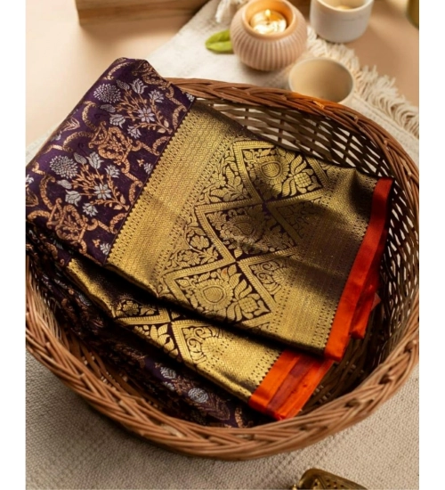 Generic Women's Soft Litchi Silk Jacquard Work Saree With Unstitched Blouse 5.5Mtr (Purple)