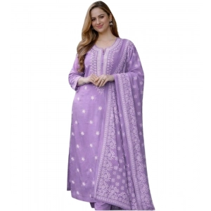 Generic Women's Chanderi Silk Ethnic Motif Round 3/4th Sleeve Kurti With Pant Dupatta Set (Lavender)