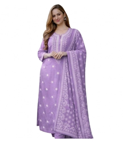 Generic Women's Chanderi Silk Ethnic Motif Round 3/4th Sleeve Kurti With Pant Dupatta Set (Lavender)