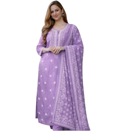 Generic Women's Chanderi Silk Ethnic Motif Round 3/4th Sleeve Kurti With Pant Dupatta Set (Lavender)