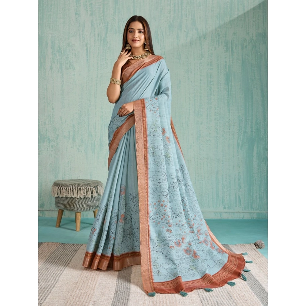 Generic Women's Silk Blend Printed Saree With Unstitched Blouse 5.5Mtr (Blue)