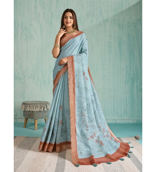 Generic Women's Silk Blend Printed Saree With Unstitched Blouse 5.5Mtr (Blue)