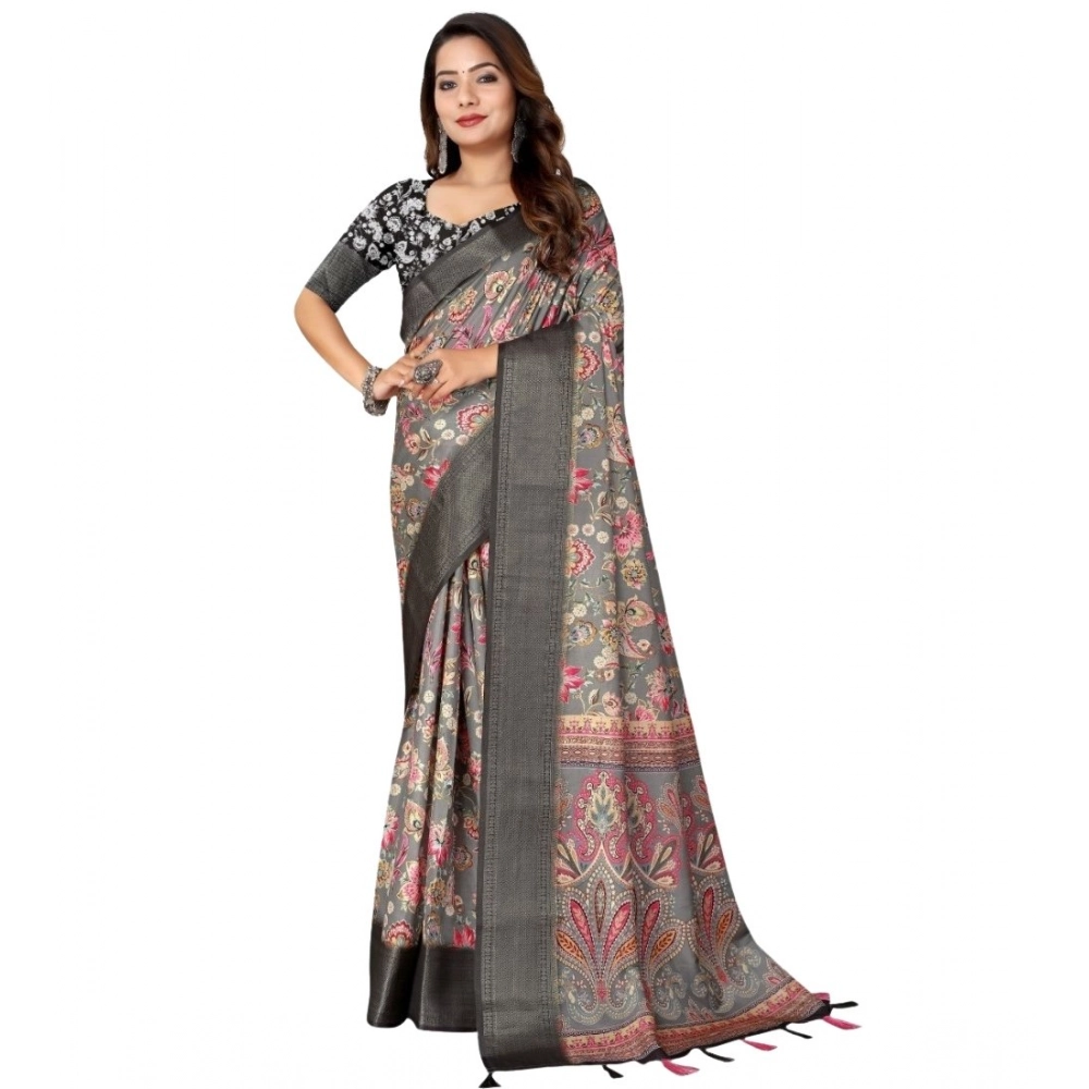 Generic Women's Cotton Silk Floral Printed Saree With Unstitched Blouse 5.5Mtr (Grey-Black)