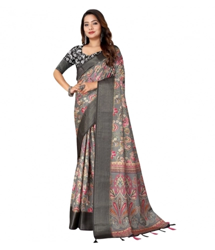 Generic Women's Cotton Silk Floral Printed Saree With Unstitched Blouse 5.5Mtr (Grey-Black)